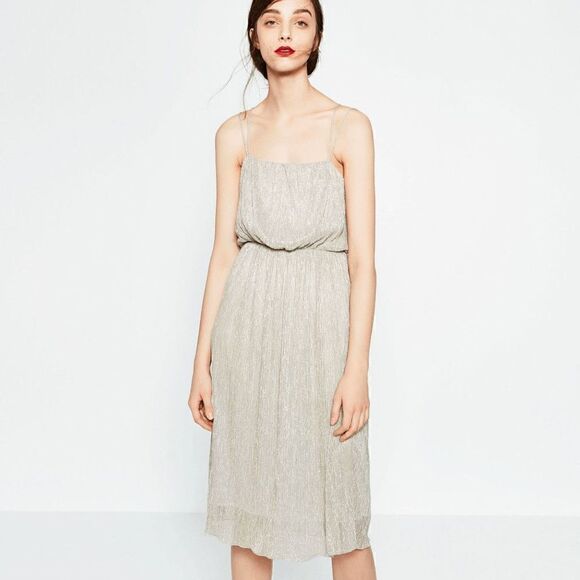 Like New Zara Iridescent Champagne Shimmer Delicate Strappy Midi Dress - Picture 6 of 12